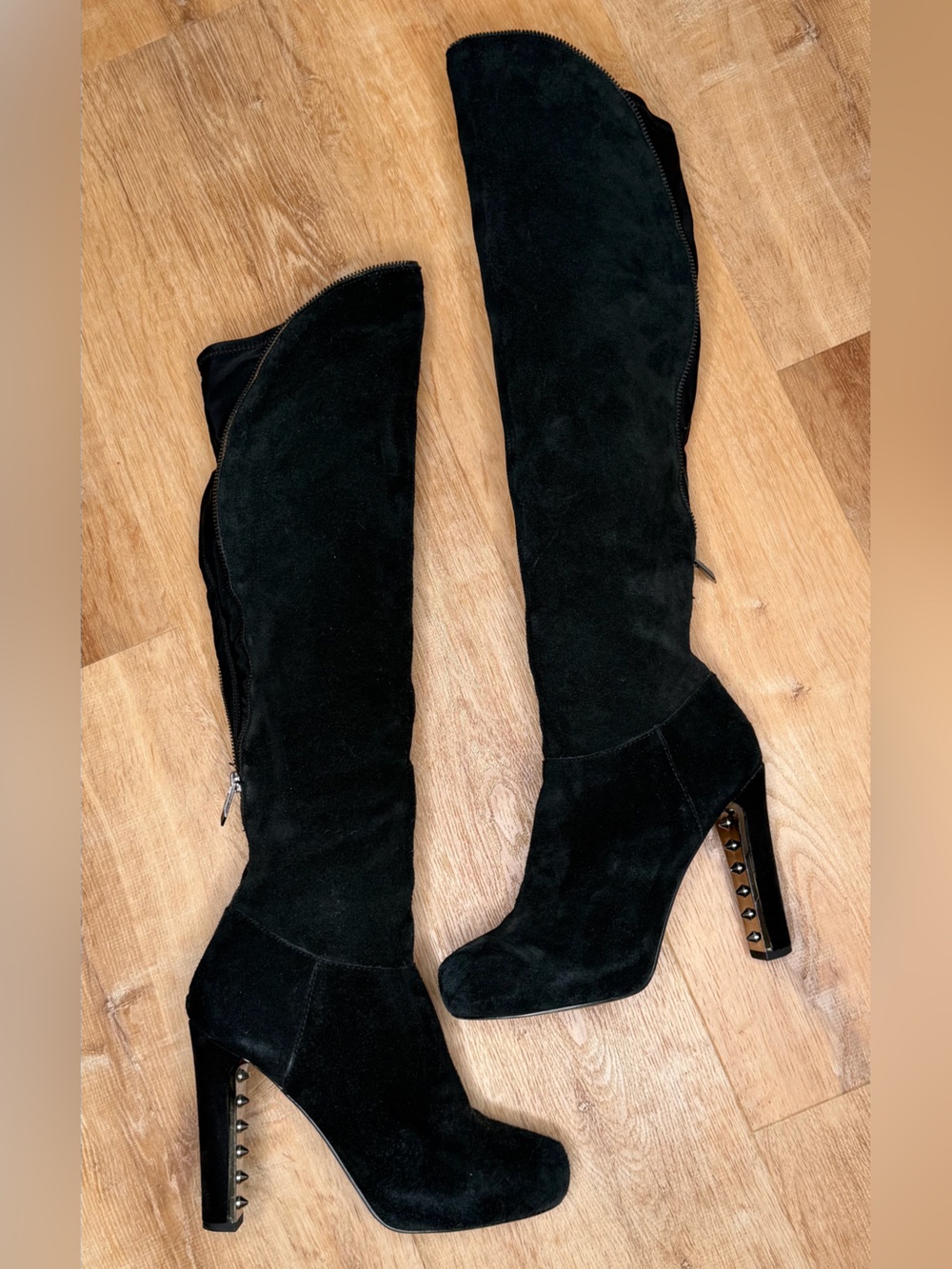 Fergie Black Suede Knee-High Platform Boots Over The Knee Boots Heel Grommets